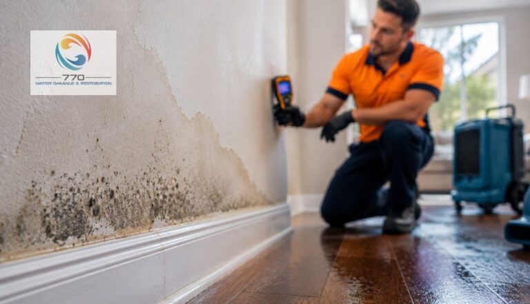 Mold beginning to grow on damp drywall after water damage in a Los Angeles home
