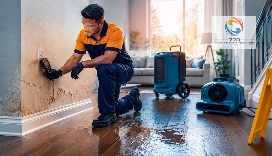 Water damage restoration technician responding to a flooded Los Angeles home in the first hour